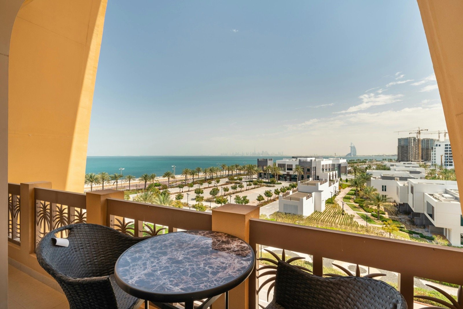 Dubai beach club loungers and umbrellas
